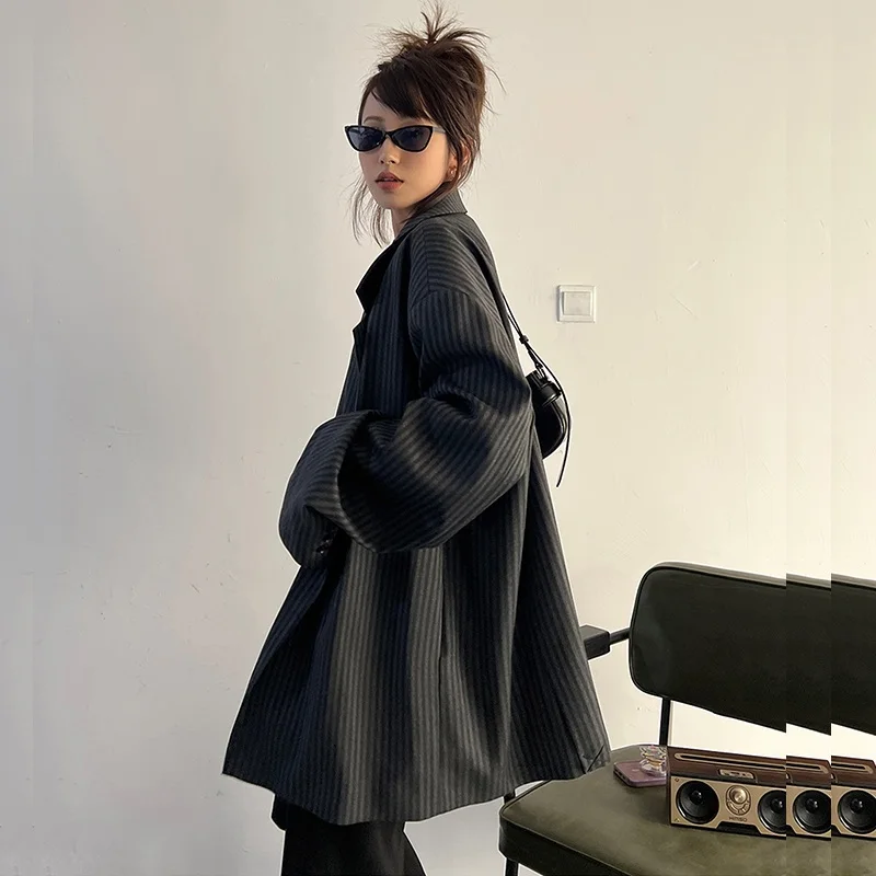 Vintage Gestreept Grijs Jasje Vrouwen Vest Lente Herfst Nieuwe Casual Losse Notched Kraag Lange Mouw Vrouwelijke Blazers Jas