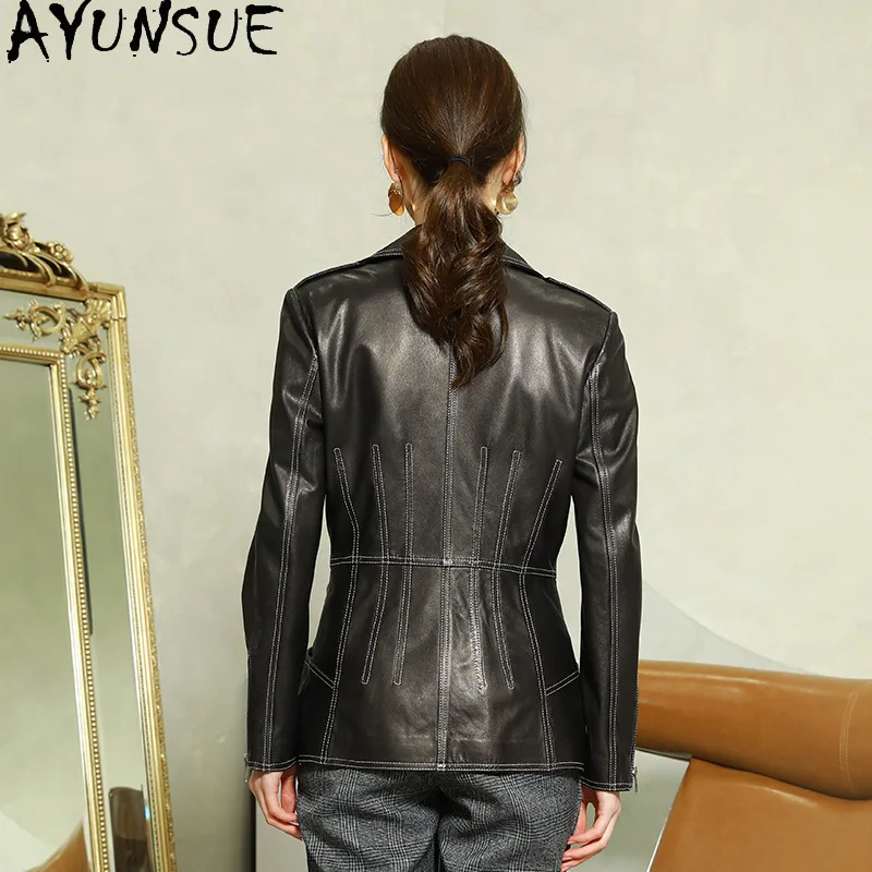 AYUNSUE 100% หนังแกะจริงหนังแจ็คเก็ตผู้หญิง 2025 รถจักรยานยนต์Slim Fitฤดูใบไม้ผลิฤดูใบไม้ร่วงเสื้อผ้าสตรีผักฟอกหนัง