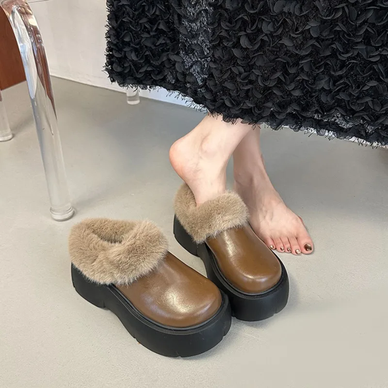 

Кожаные хлопковые ботинки, новые зимние ботинки с круглым носком, непромокаемые нескользящие теплые ботинки на платформе с рукавами на блочном каблуке