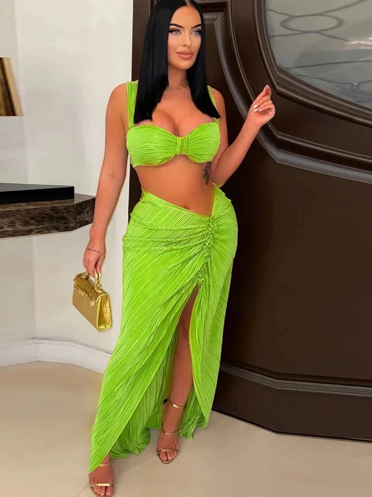 Beyprern Fashion Sleeveless Pleated Crop Top And Side Slit Skirt Set Chic Twist Front Resort Skirt Beach Suits Swimwear Clubwear