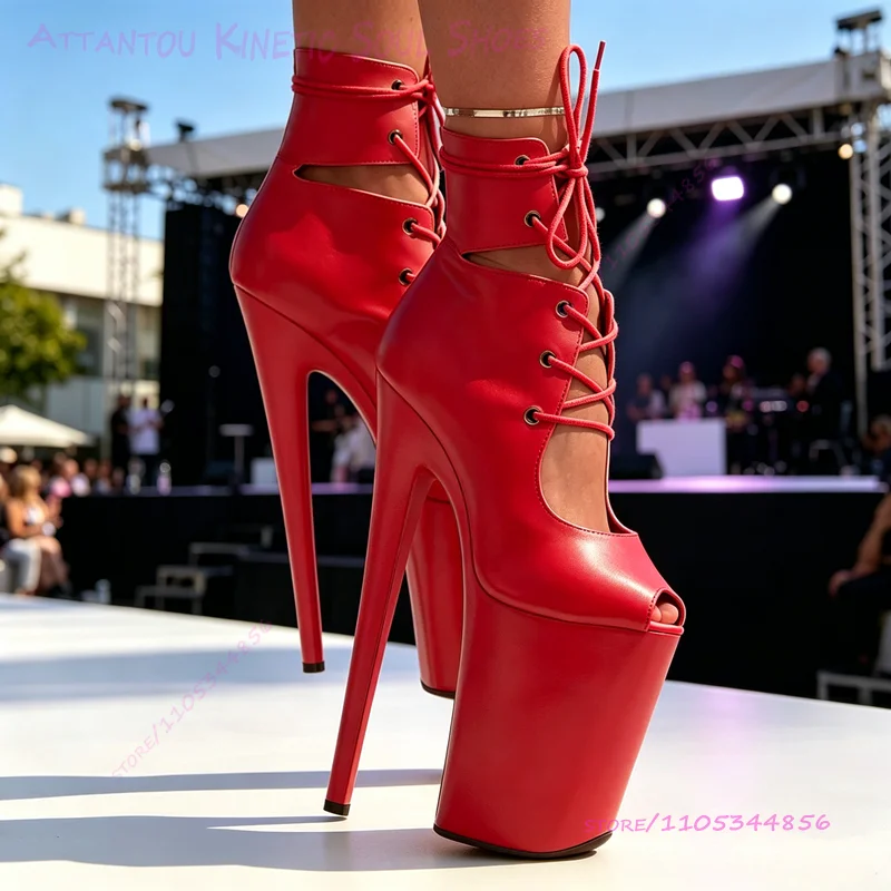 Pure White Leather Lace Up Boots 9 Inches 23cm Women Platform Pole Dance Pee Toe Custom Heels In Red Pink Black Sexy Stage Shoes
