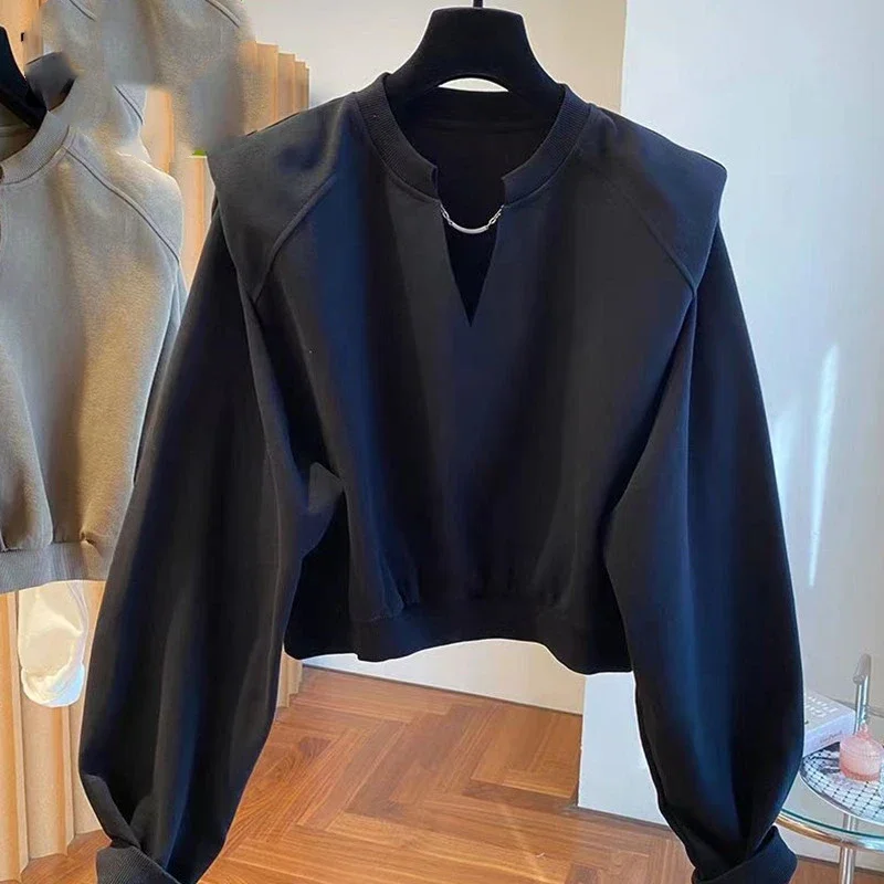 

Korean Fashion Autumn Women's V-Neck Solid Patchwork Patchwork Chain Simplicity Casual Loose Long Sleeve Sweatshirts Tops Z144
