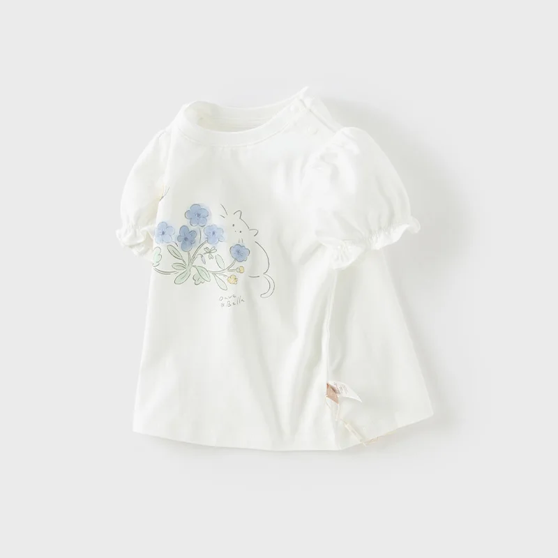 Dave Bella Children's T-shirt Summer Girl's Sweet Floral Print Bottoming Shirt Casual Baby Cotton Top Gentle Party DB2251882