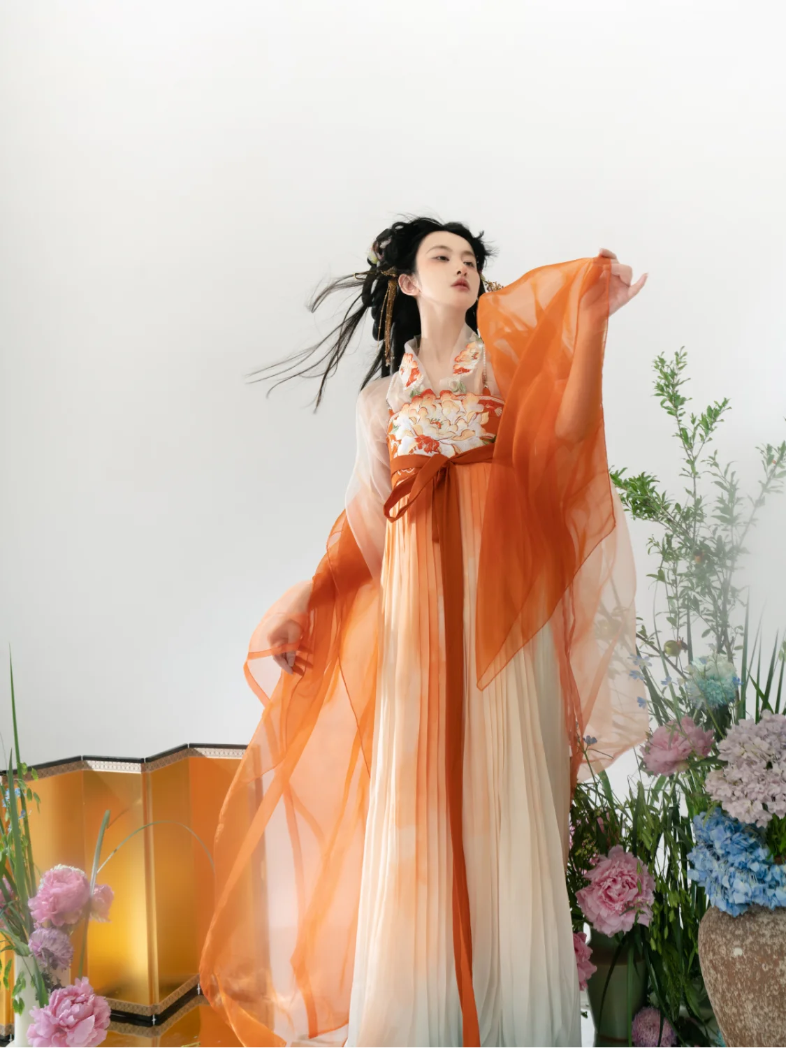 

2 Styles Embroidery Flower Han Elements Tang Dynasty Orange Big Sleeve Jacket Summer Ancient Chinese Costume Hanfu Women Dresses