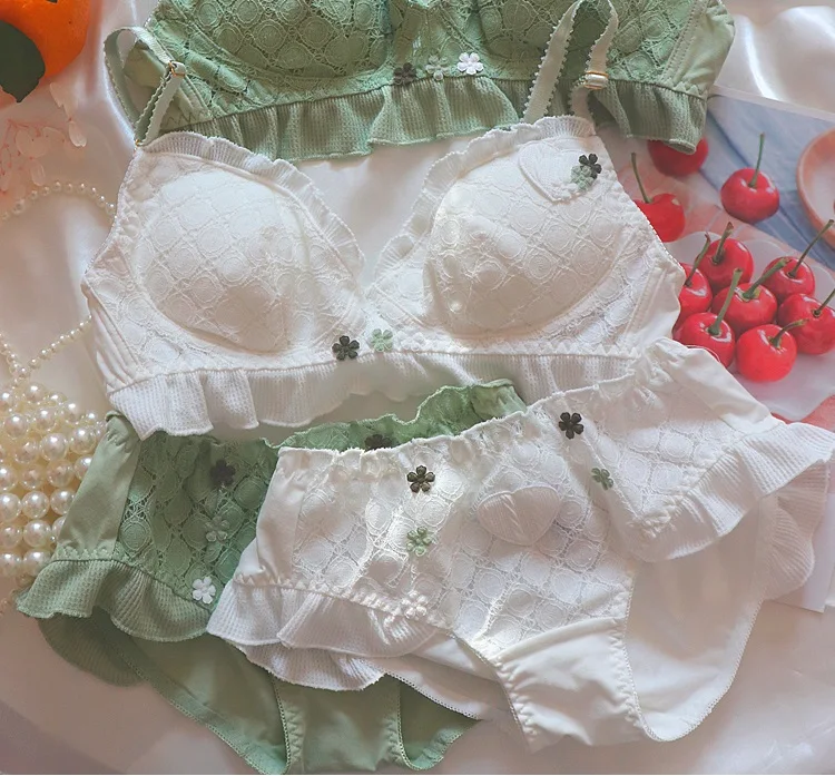 Roupa íntima feminina fresca, lingerie push up sem anel de aço, sutiã fino de algodão com folha de lótus e calças