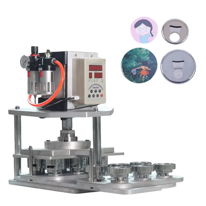 Automatic Pin Badge Maker Pneumatic 25-75mm Button Maker Machine with 6pcs 32-58mm Round Mould for Button Badge Creation