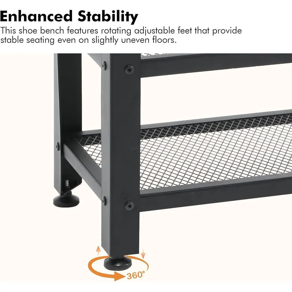 35.5 3-Tier Shoe Storage Bench with Leather Seat, Metal Frame, Holds 300 lbs, for Entryway, Living Room, Mudroom, Rustic Brown