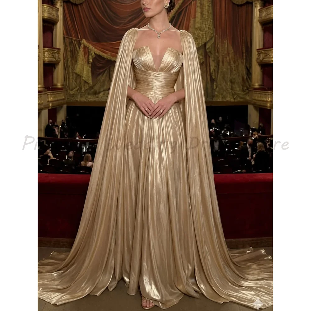 Champagner-Goldenes Abendkleid mit Cape-Ärmeln 2026 Plissiertes Trägerloses Formelles Kleid A-Linie Partykleid