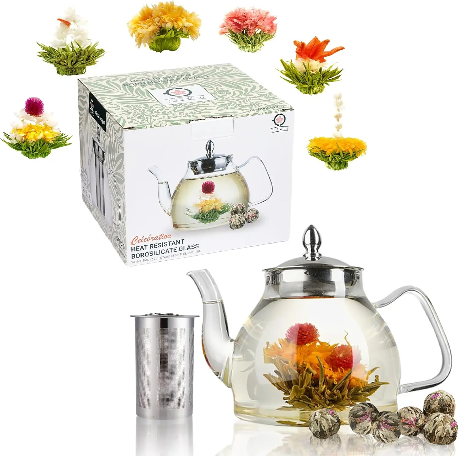 

Stovetop Safe Glass Teapot with 6 Blooming Flower Tea Balls & Removable Infuser, 1000ml