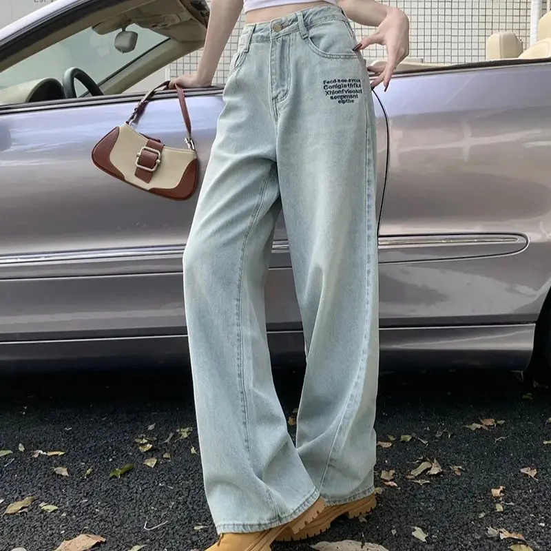 2024 spring and summer new style letter embroidered straight wide leg pants high waist slim floor mopping jeans