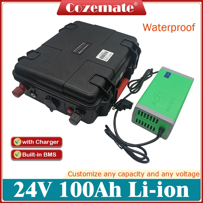 

24V 100Ah Lithium ion battery 24V waterproof Li-polymer for 1500W 2400W RV EV solar storage inverter vehicel +10A Charger