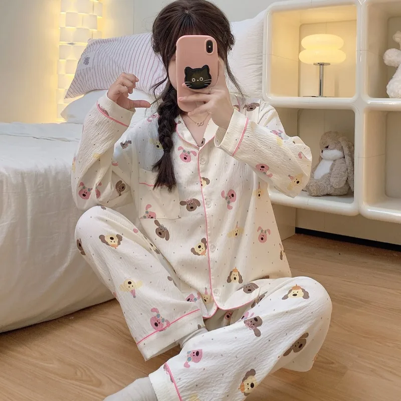 

Super soft skin-friendly women's small lapel pajamas long-sleeved long pants spring season sweet cute student girls homewear set
