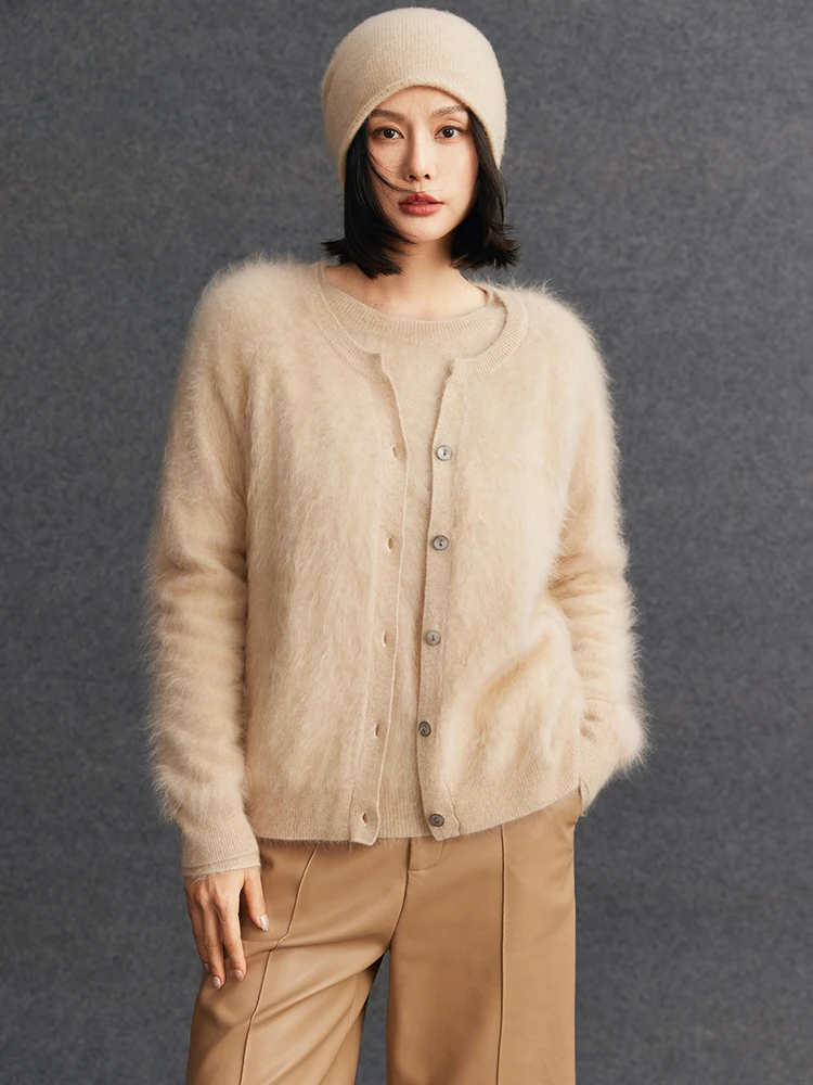 

TLOML Women's 100% Plush Cashmere Sweater O-neck Cardigan Soft Warm High Quality Cashmere Knitwear Brushed Cashmere Knit Tops