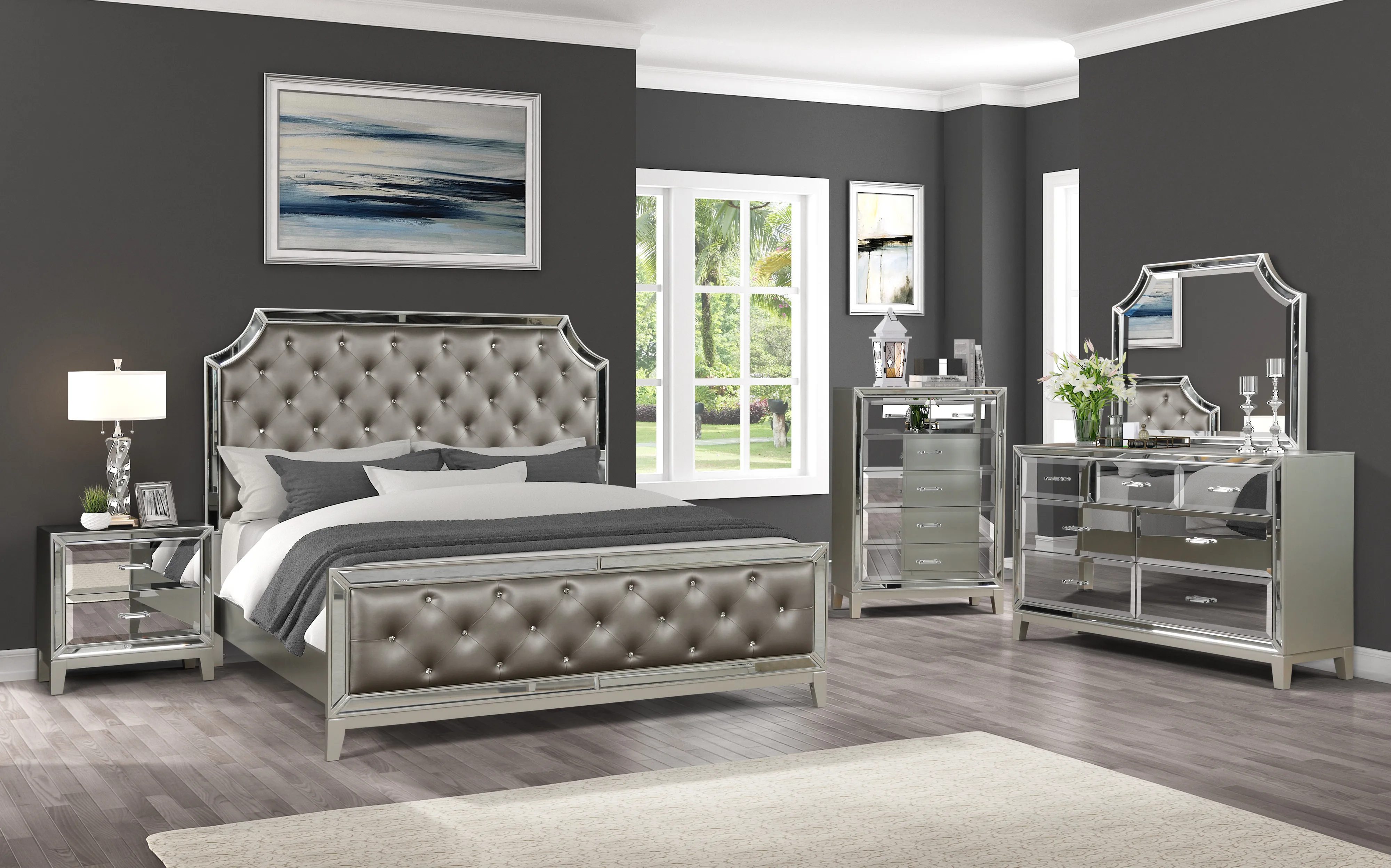 [Flash Sale]Harmony Queen/Full 6 PC Mirror Front Bedroom set made with Wood in Silver Color[US-Stock]