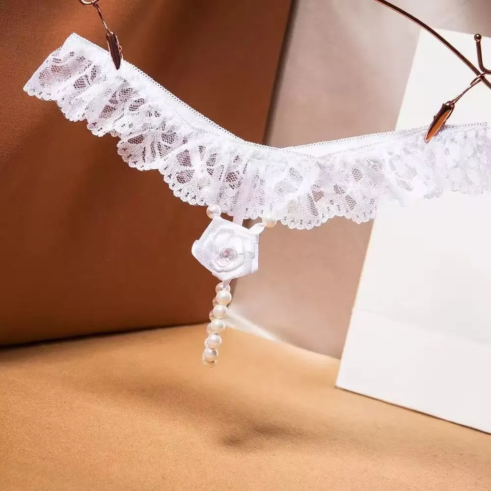 New Pearls Rose Embellishment Thong Lace G-string Panries Women's Sexy Ultra-thin  Low-waist Beaded Temptation Underwear
