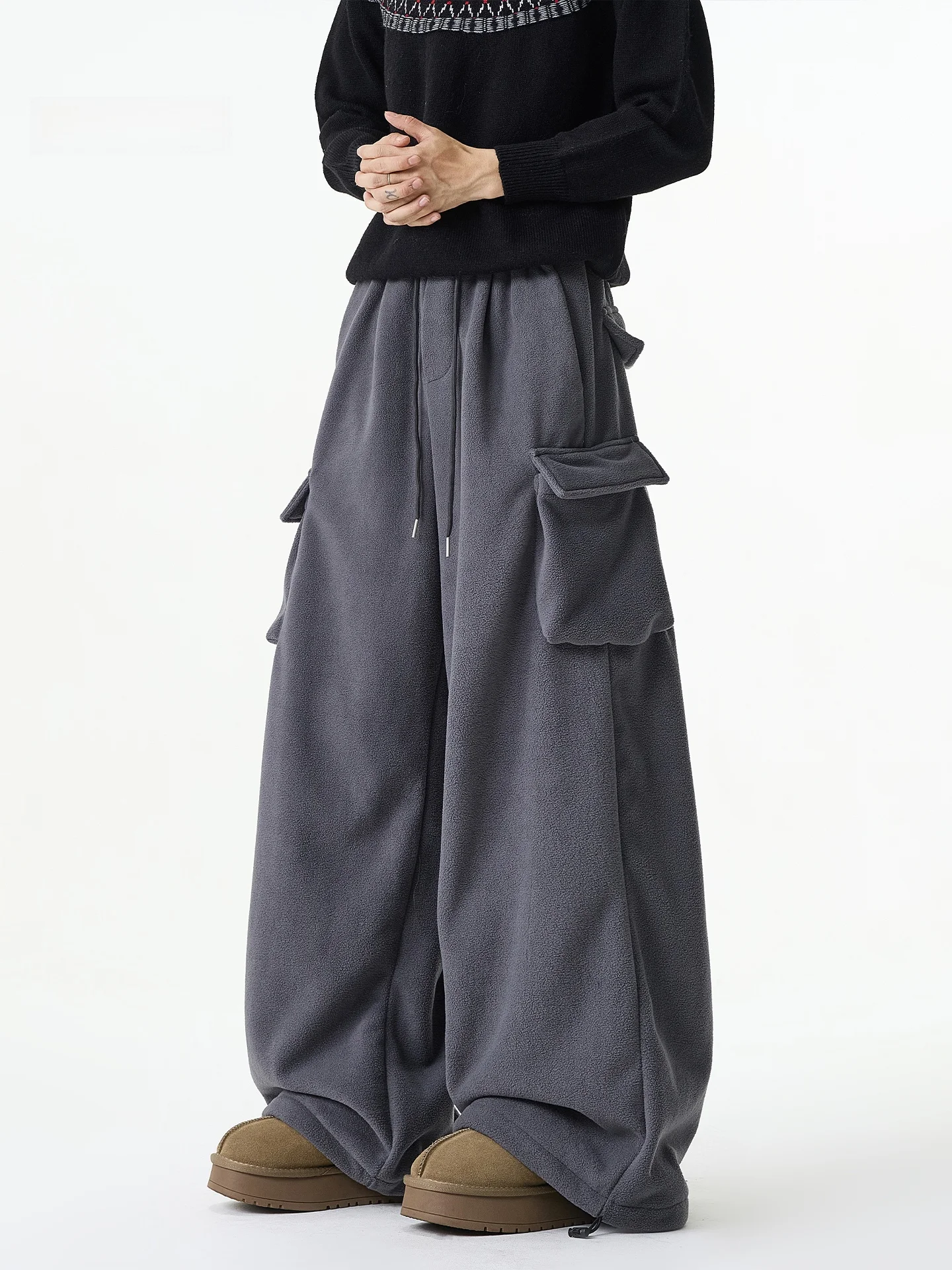 

American Retro Fce Pants Men's Autumn Winter Thiened Trendy Heavy Casual Loose Straight Warm Wide Leg Pants