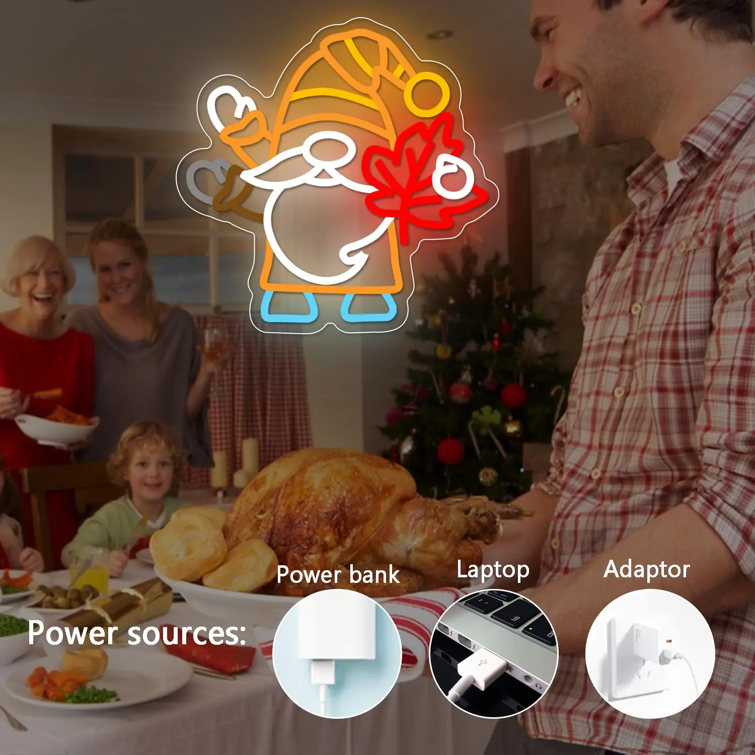 Gnomi lampeggianti Insegna al neon dimmerabile per la decorazione della parete Foglia d'acero per la ciao autunno Camera da letto del Ringraziamento Camera dei bambini Bar Club Decor