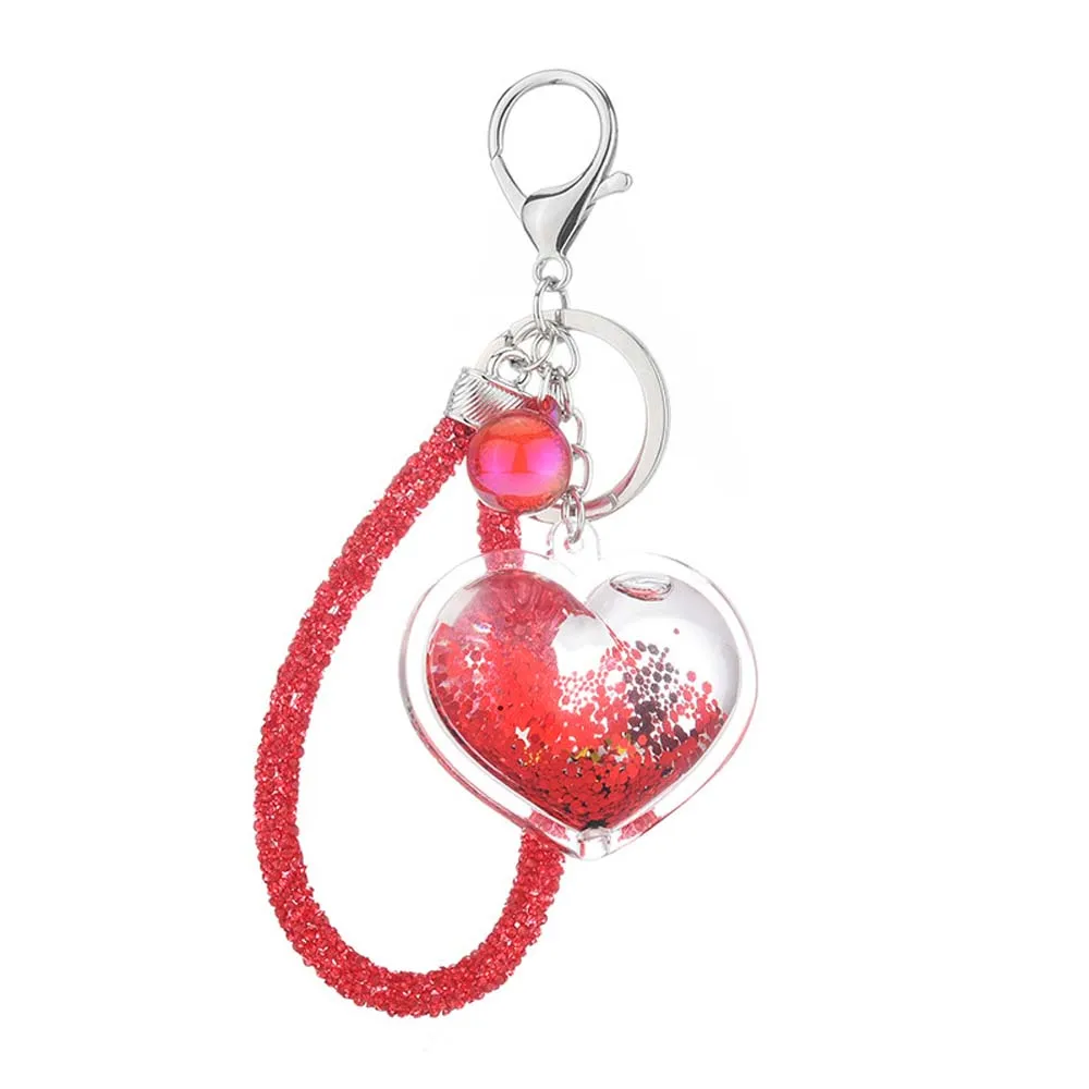 Cute Acrylic Heart Accessories Transparent Moving Liquid PU Rope Bag Charm Car Pendant Key Ring Keychain