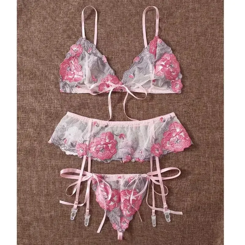 الملابس الداخلية النسائية مجموعة شفافة الصدرية مثير ثلاث قطع مجموعة ربطة القوس فيونكة المثيرة الملابس الداخلية مثير ثلاث نقاط الملابس الداخلية المثيرة الرباط الأشرطة #3