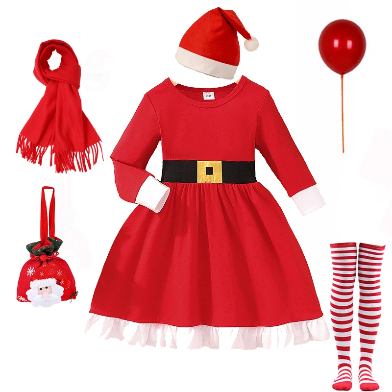 Girls Christmas New Year Santa Claus Dress Christmas Party Red Dress Set for Children Dress Up Clothes Kids Red Xmas Outfit