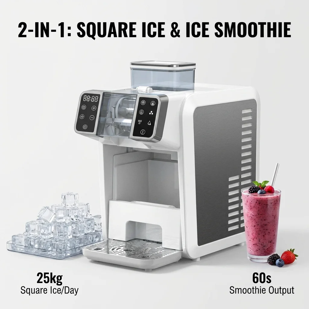 New Professional Electric 2-in-1 Countertop Ice Maker Smoothie Machine Compressor Portable 16mm Square Cafe Hotel Household