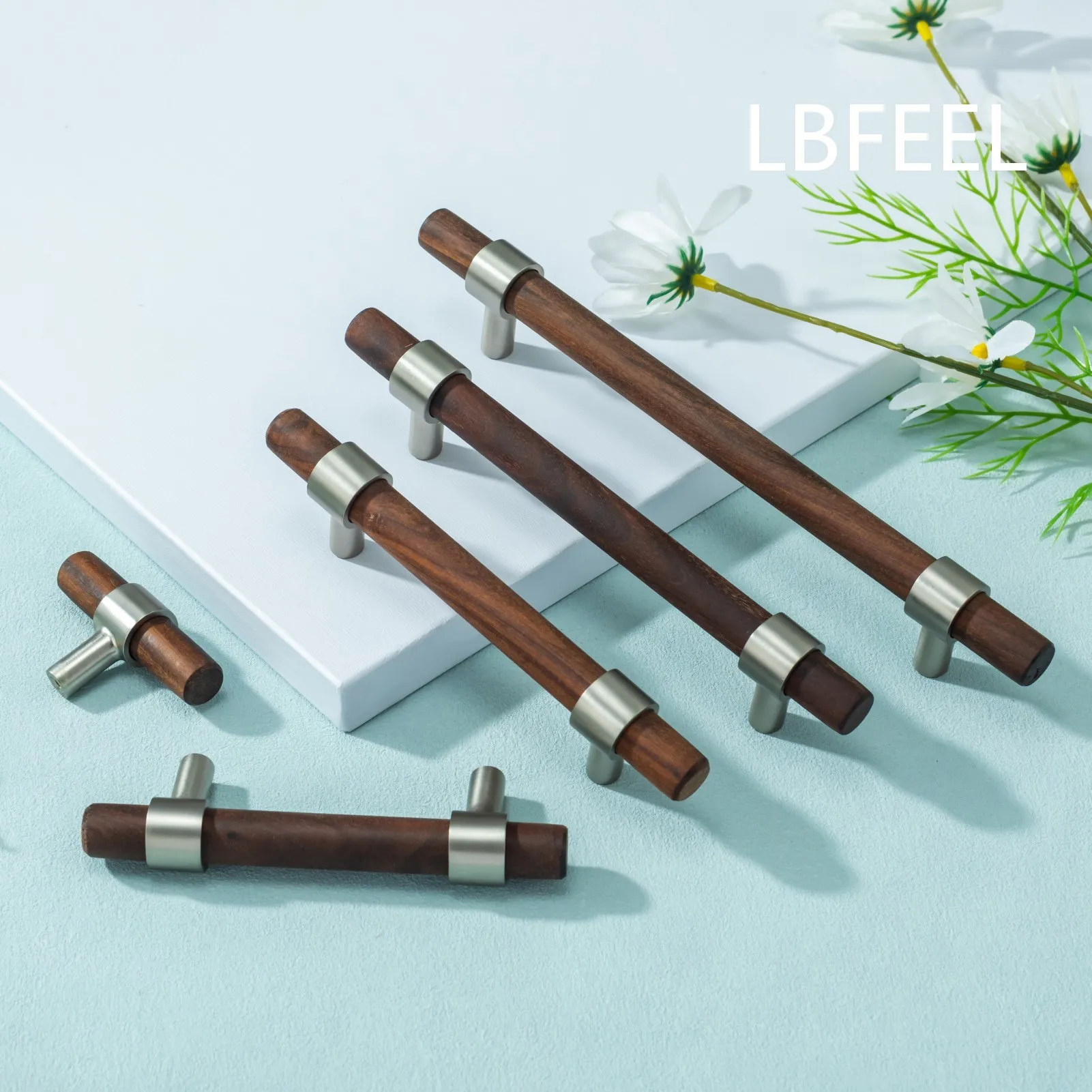 Black Walnut Wooden Furniture Handle Drawer Knobs Beech Kitchen Cabinet Pulls Long Drawers Dresser Handles Wardrobe Pulls LBFEEL