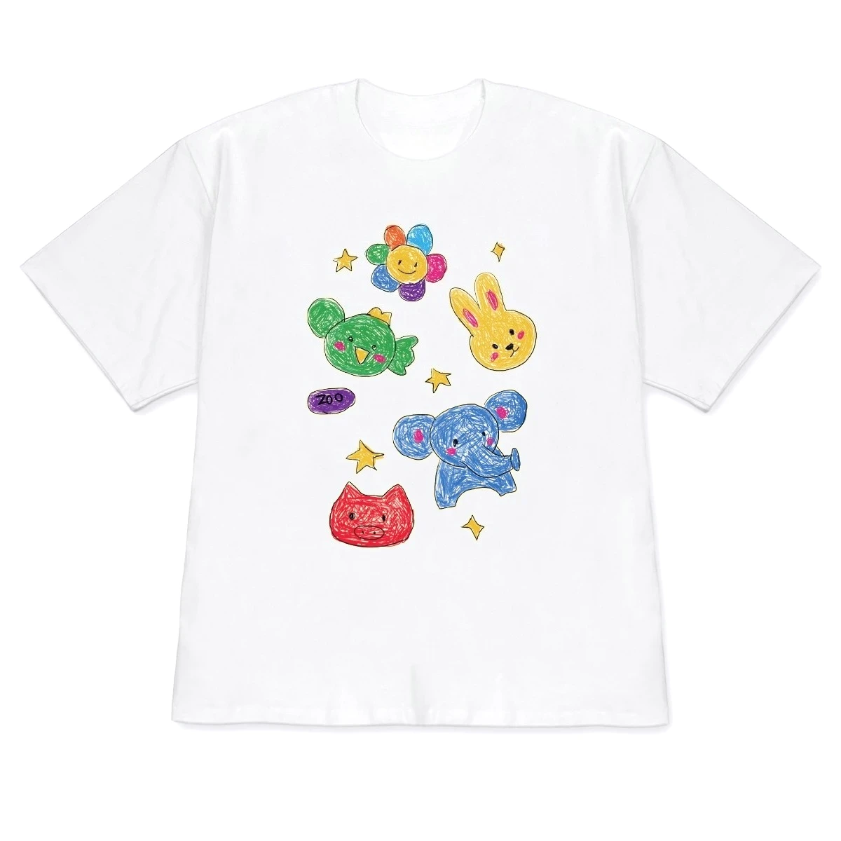 Cute Korean Fashion Crayon Zoo Print T-shirt Versatile Short Sleeve for Women Men Colorful  Animals Crew Neck Tee Free Shipping