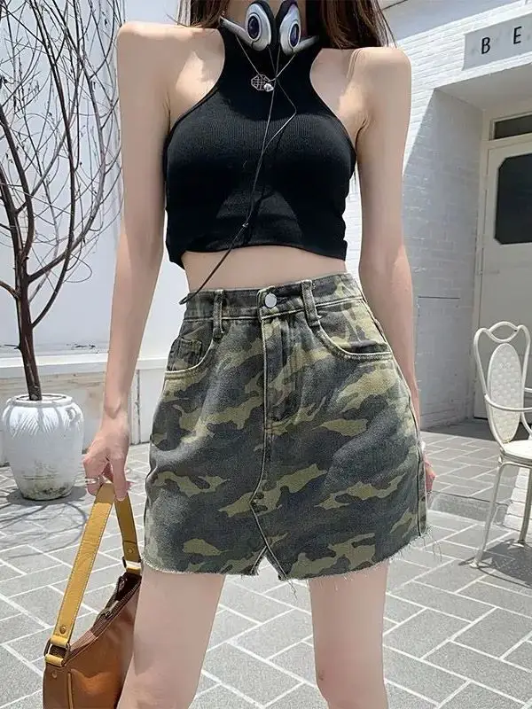 Denim Skirt Split Camouflage With Pockets High Street Woman 2024 Summer Skirt Women American Retro High Waist Mini Skirts