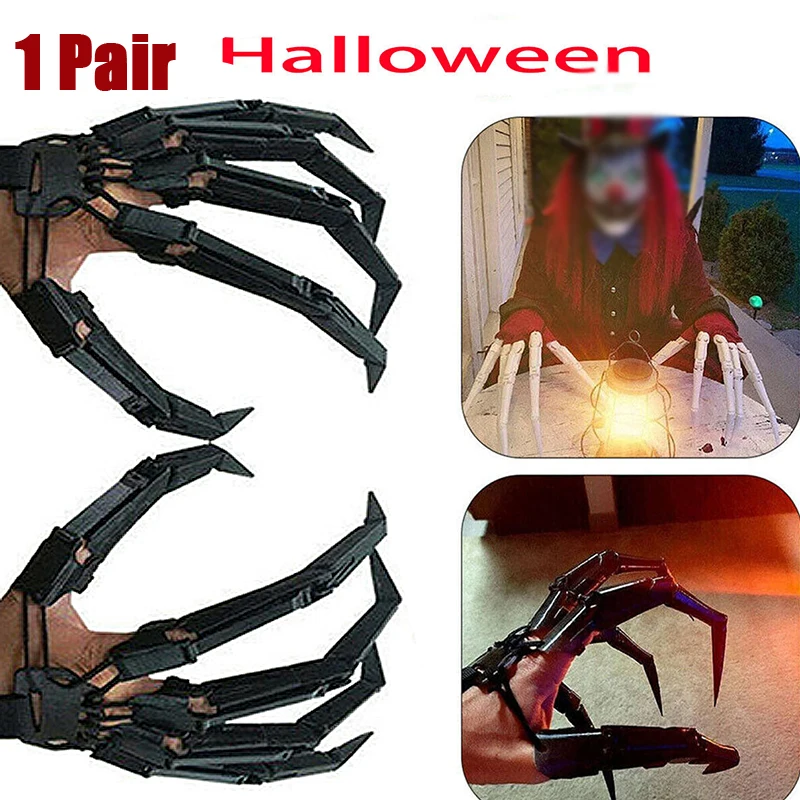 

1 Pair Black Right/Left Scary Fake Fingers Skeleton Halloween Articulated Fingers Hand Finger Extensions Cosplay Party Decora