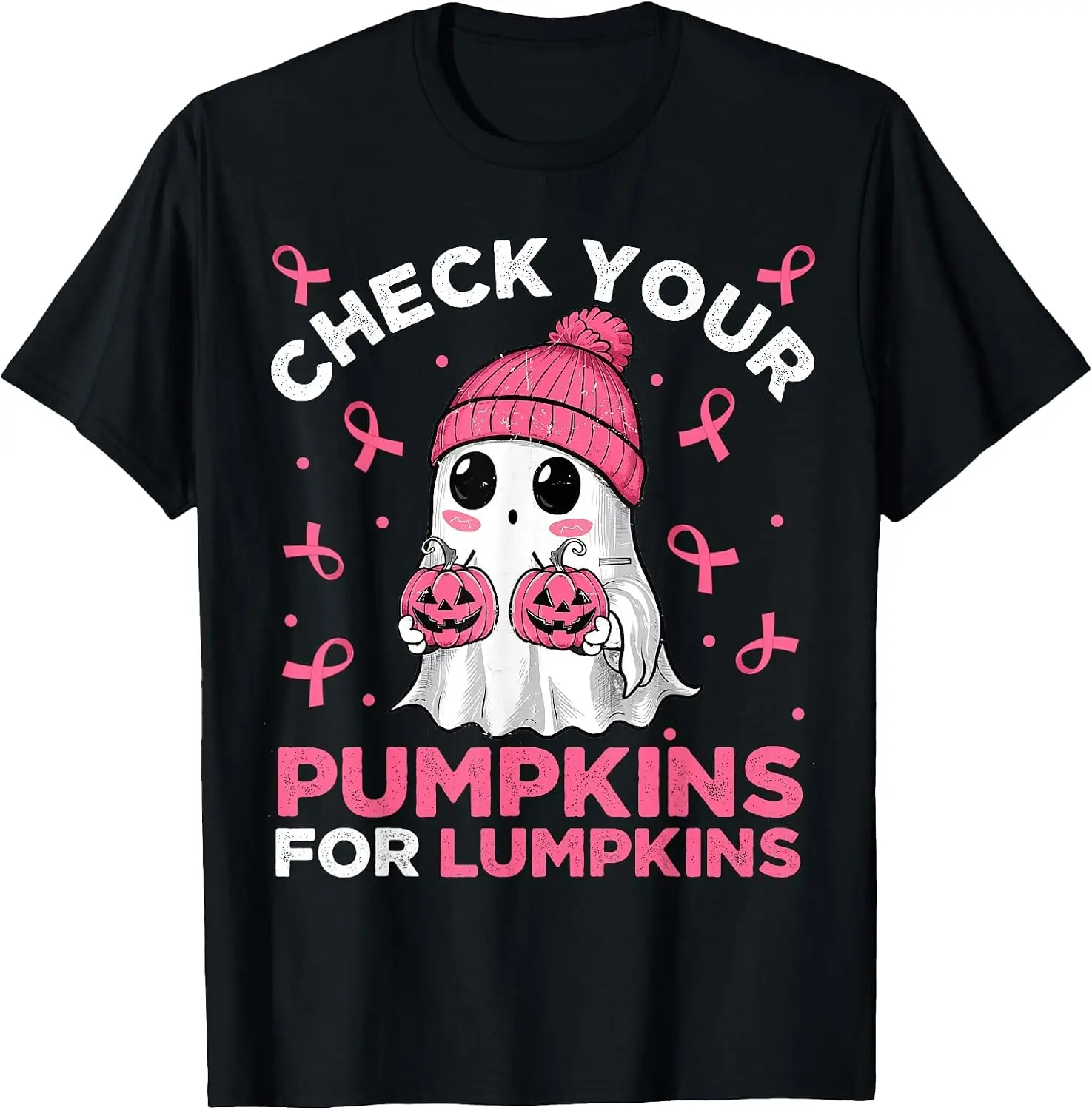 Breast Cancer Halloween Boo Ghost Check Your Pumpkins Womens T-Shirt vintage style tee  boxy fit tee black graphic tee 100% cotton men