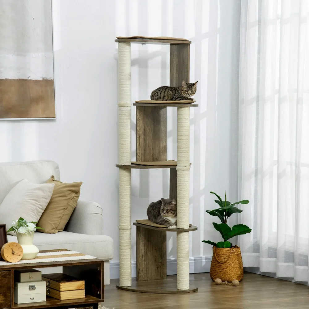 

Cream White & Nutmeg Brown Corner Cat Tree – Tall Space-Saving Design with 4 Padded Perches & Sisal Posts