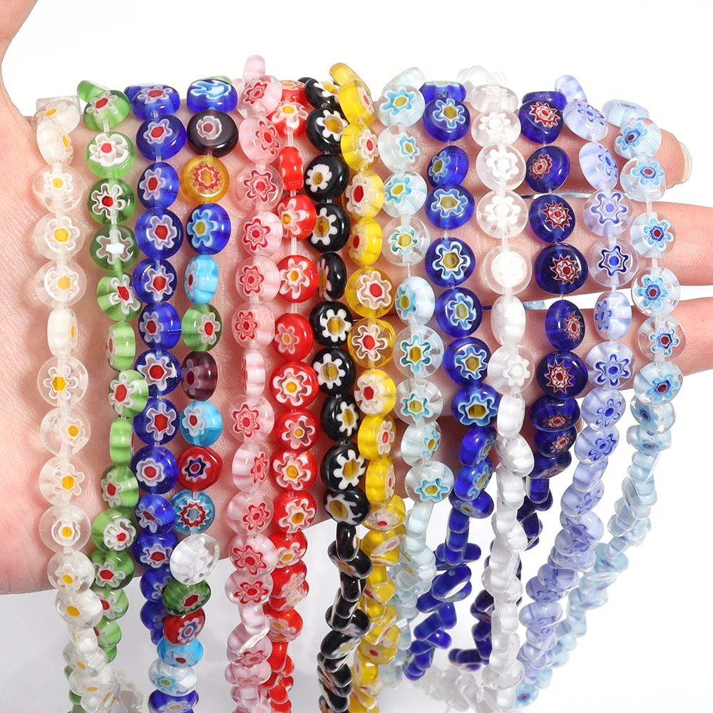 1 Strand Lampwork Folwer Beads Colorful Flat Round Loose Lampwork Beads For DIY Making Necklace Bracelet Pendant Accessories