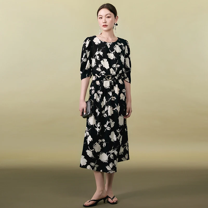 Chic Floral Print Midi Dr Women's 3/4 Sve mid Waist Polyester Summer 2025 Faion Ele Simple Sle round Ne Dr