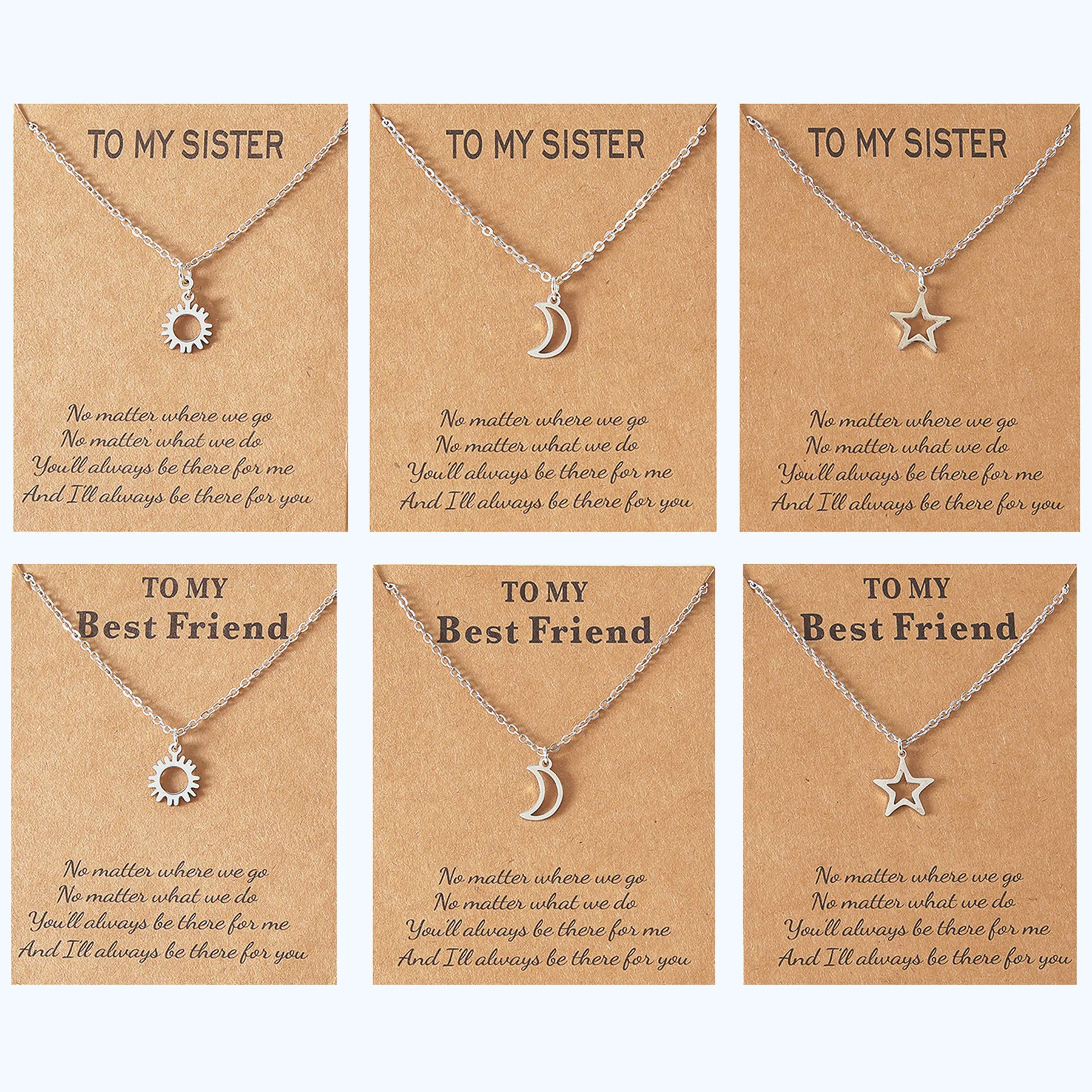 2023 New Stainless Steel Sun Moon Star Good Friend Good sisters Card Collar Necklace 3-piece Gift Wholesale