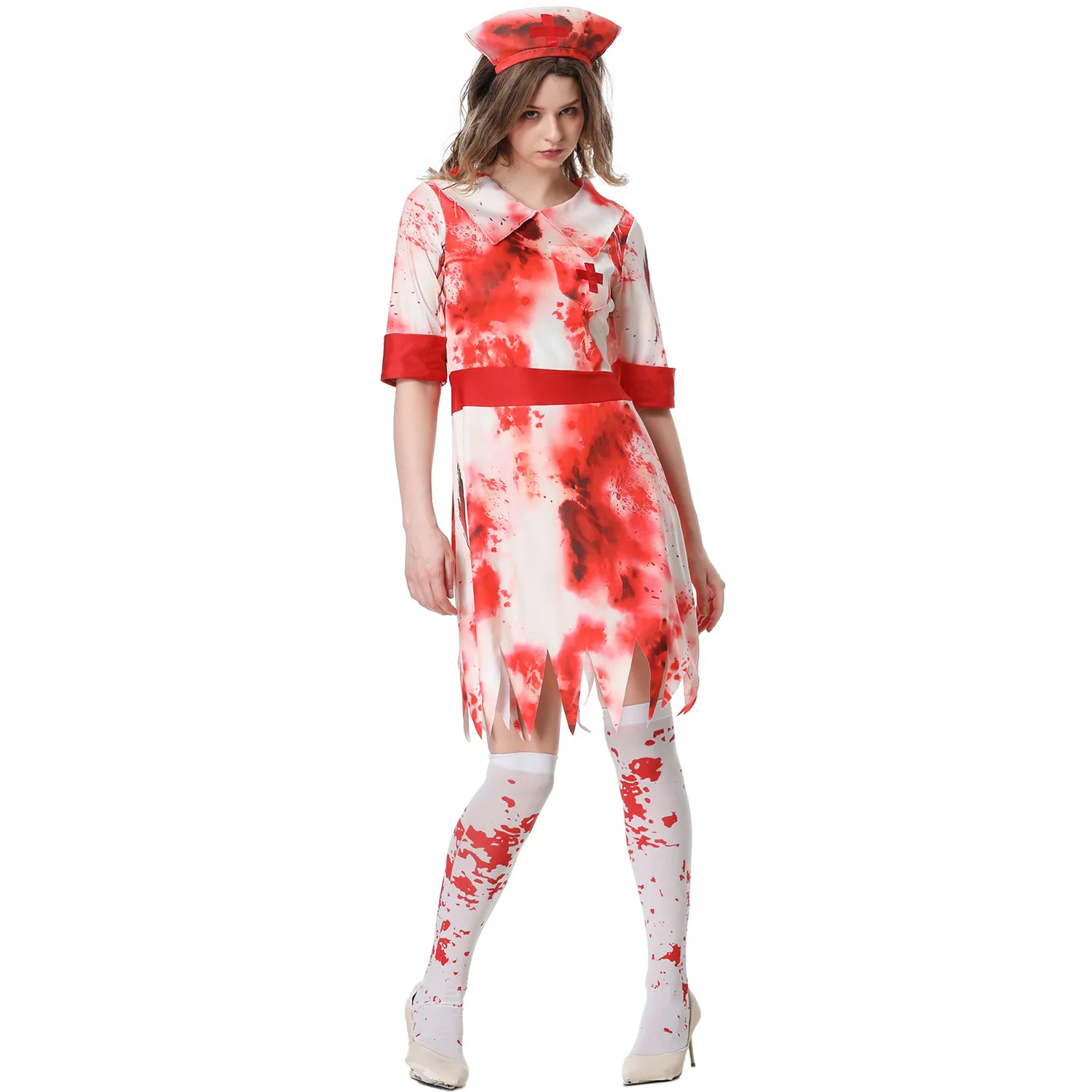 

Hot Sale Blood Nurse Cosplay White Uniform Dress Costume Nurse Halloween Adult With Headgear