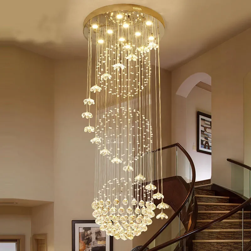Modern Rotating Stair Chandelier for Duplex Villa Long Crystal Pendant Light for Middle Floor Living Room Simple Design