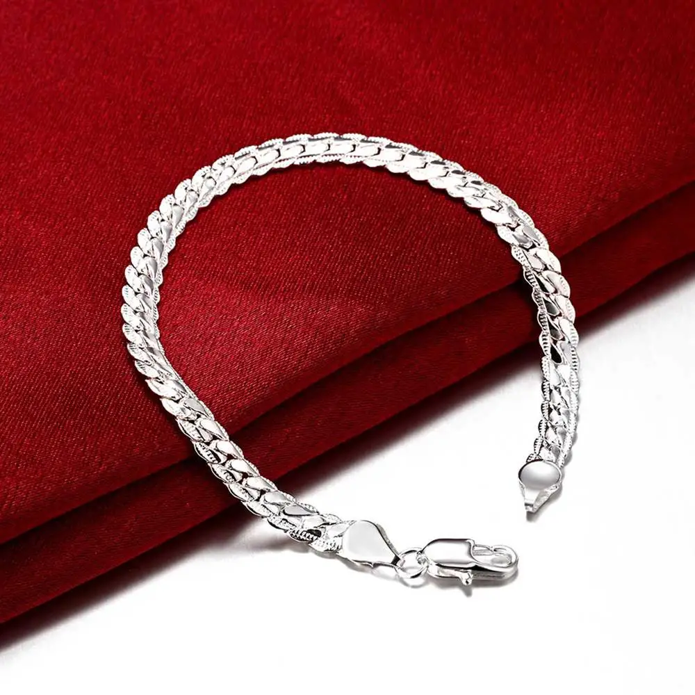 925 Sterling Silber Armbänder Halskette Schmuckset für Männer und Frauen, klassische, feine 5 mm Flachkette, 18/20/22/24 Zoll, modisches Partygeschenk – Detail 4