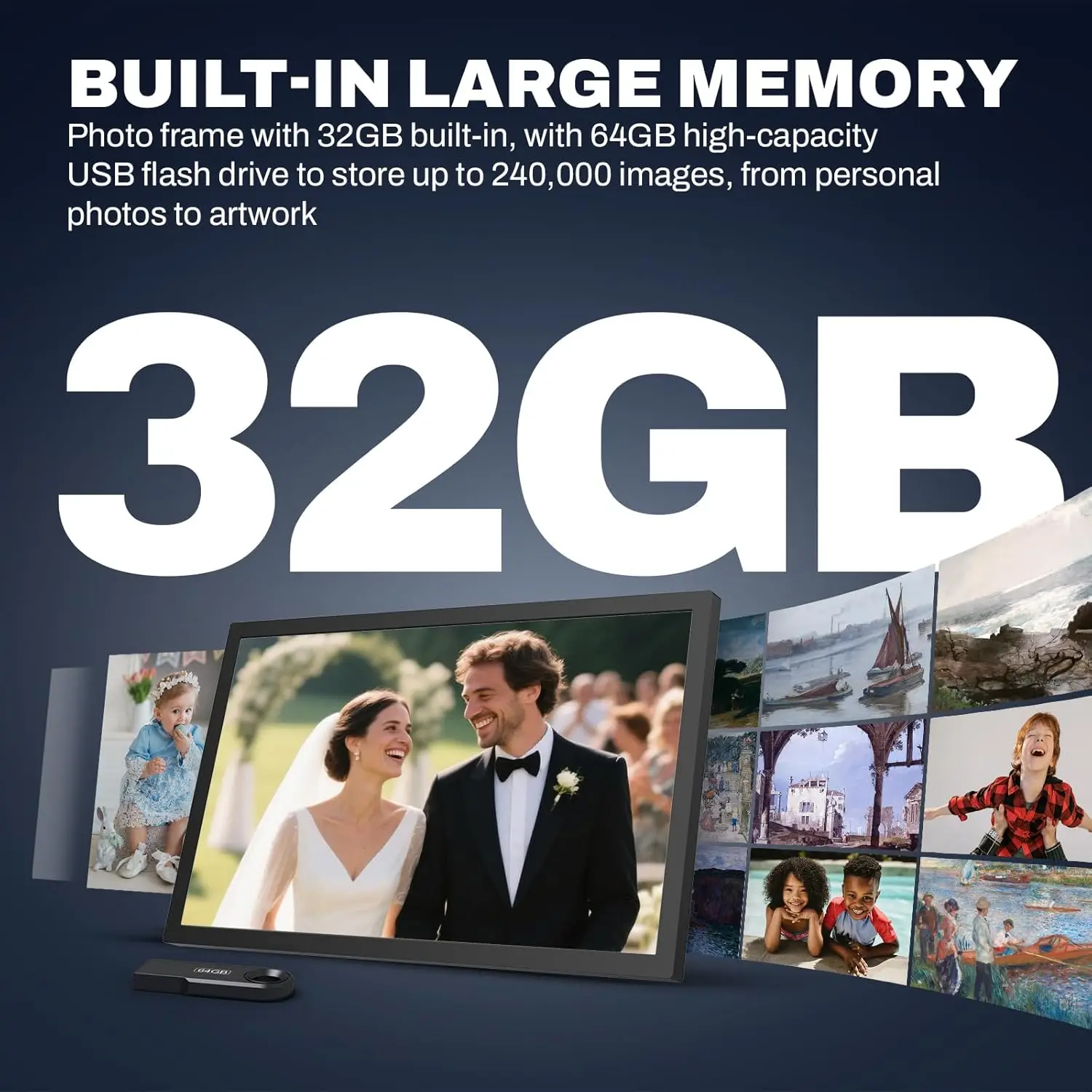 إطار صور رقمي FHD مقاس 24 بوصة، 1920 × 1080 IPS، WiFi، مساحة تخزين 32 جيجابايت، جهاز تحكم عن بعد، تدوير تلقائي، مشاركة عبر التطبيق/البريد الإلكتروني، USB/microSD، أسود