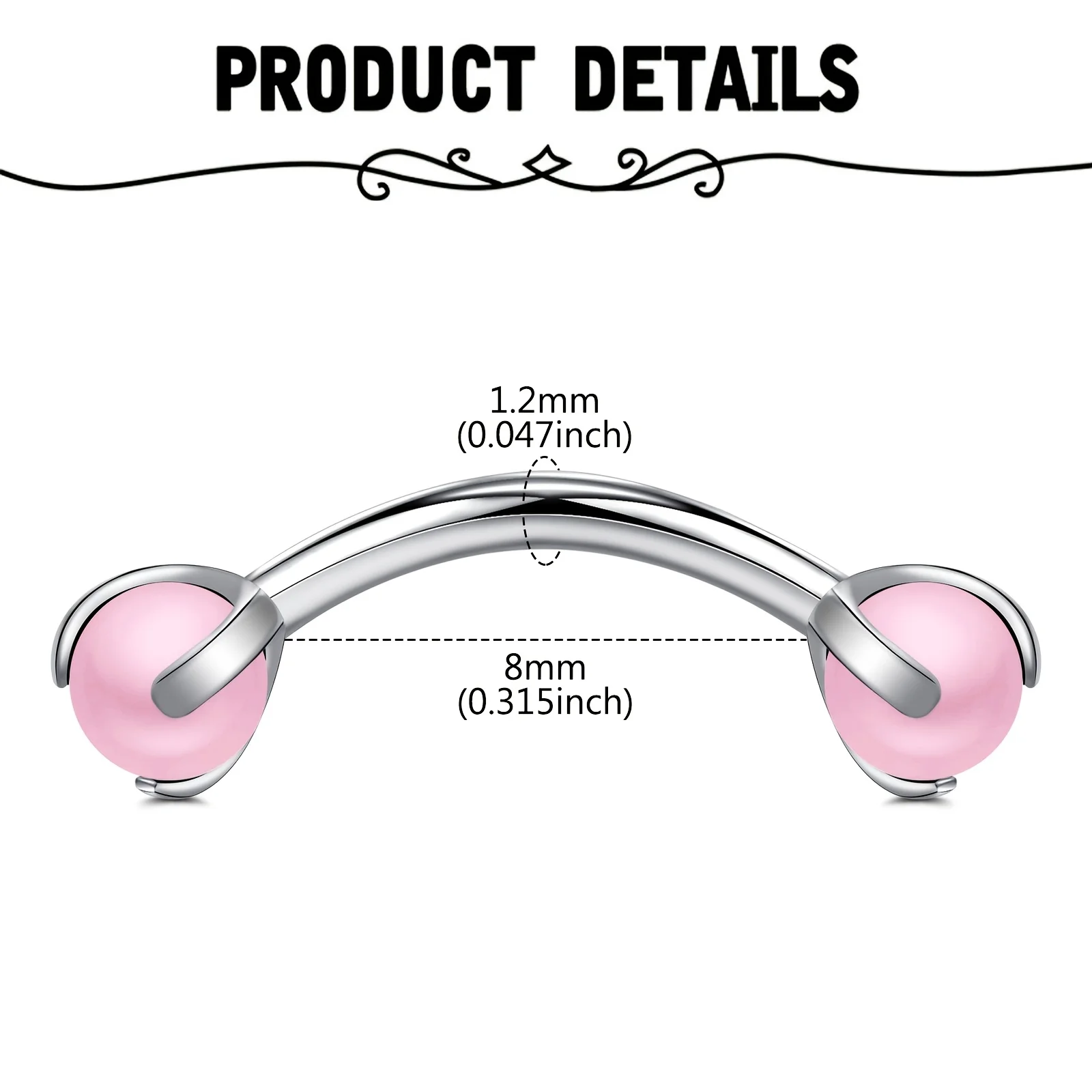 Curved Barbell with Faux Pearl for Eyebrow Piercings, Measuring 1.2*8mm, Suitable for Eyebrow, Navel, And Cartilage Piercings