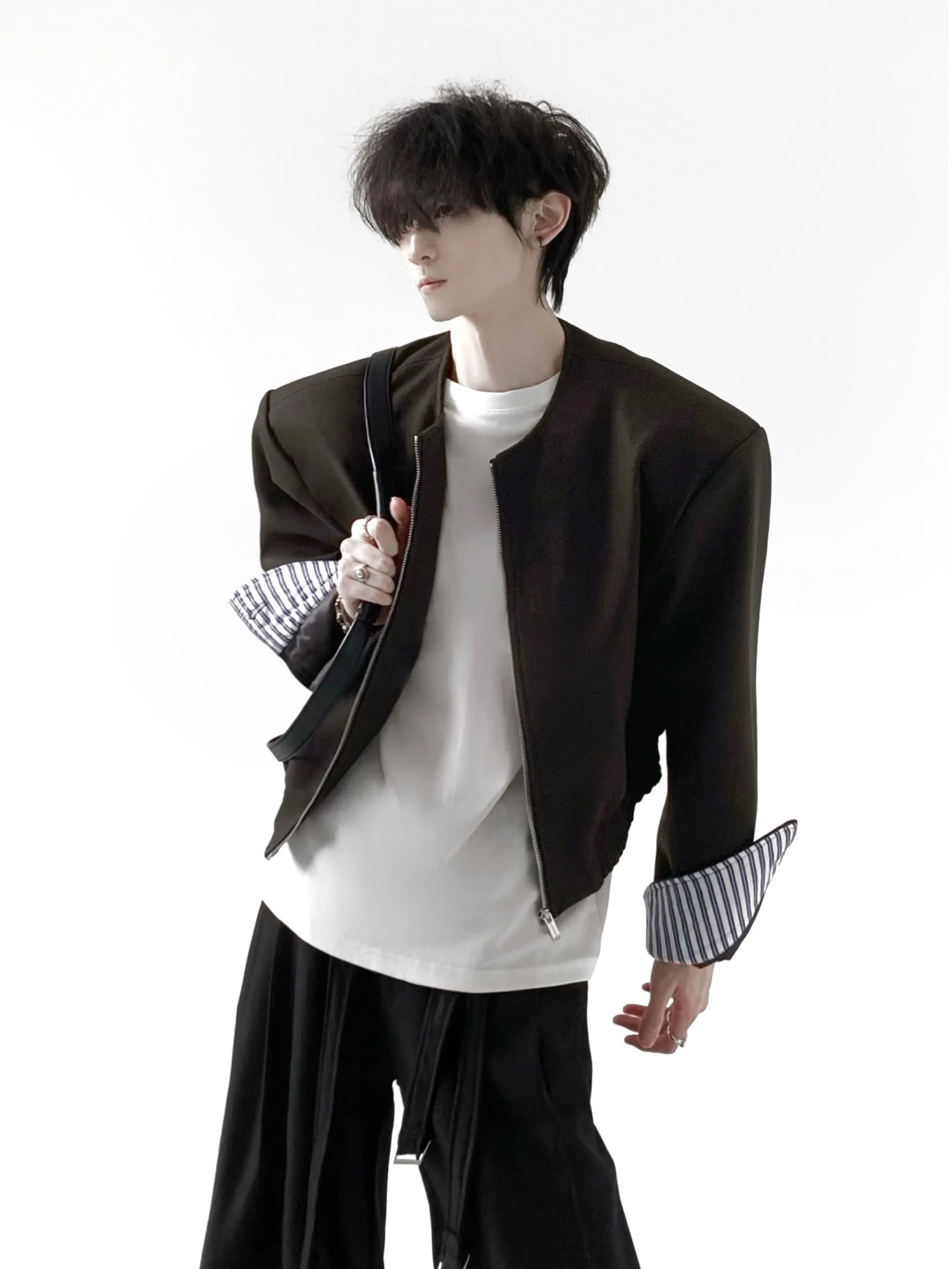 Autumn Mountain Wind Jacket Men's Short Padded Shoulder Miu Style Fake Two-Piece Harrington Green Color Casual Loose Fit