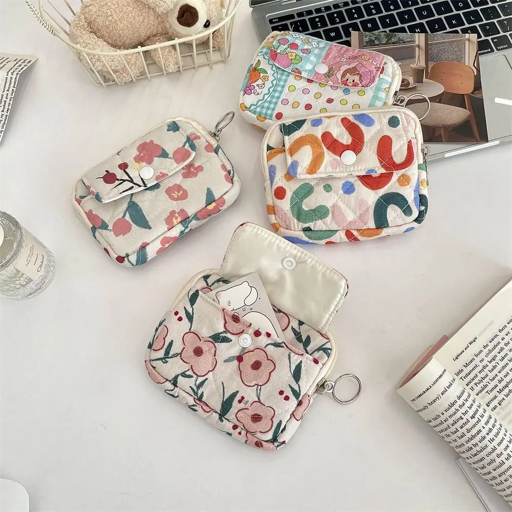 Kawaii Floral Coin Purse Korean Style Cartoon Printing Small Makeup Lipstick Bag Card Holder Jewelry Packing Bag