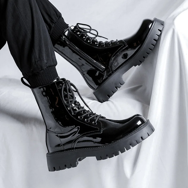 men luxury fashion patent leather boots black tide platform shoes party nightclub high top motorcycle boot cool knight botas man