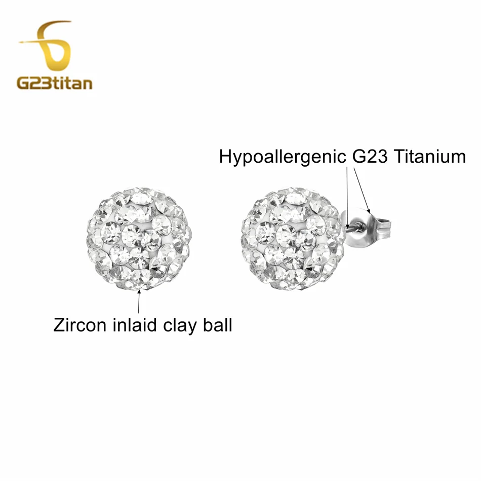 Colors Crystal Bead Polymer Clay Earrings G23 Titanium Ear Stud Micro Pave Rhinestone Disco Ball Hypoallergenic Piercing Jewelry