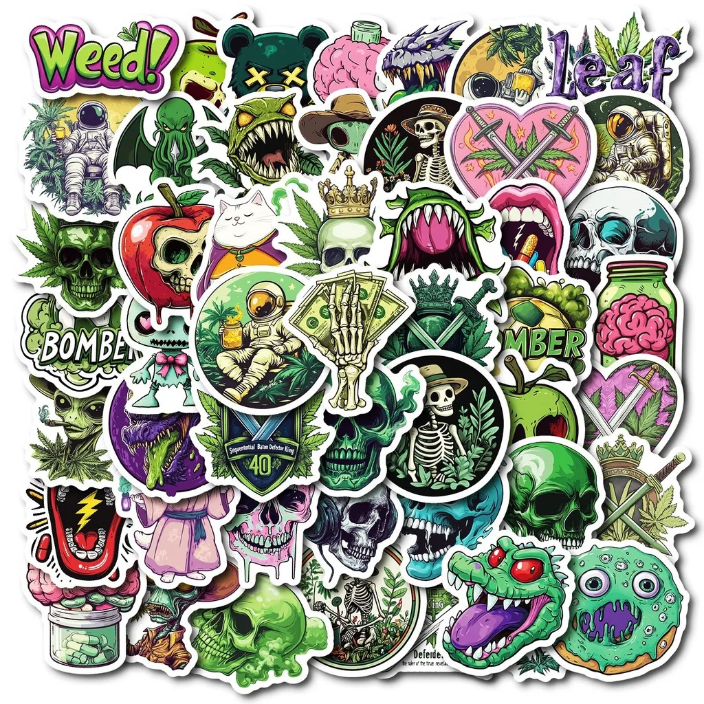 

50 шт. новые оригинальные зеленые наклейки со скелетом-острым уличным стилем, уникальные наклейки для багажа и ноутбуков, магазин AnimeWorlds
