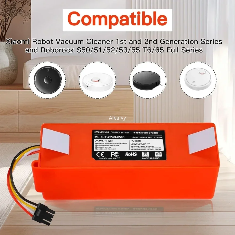 

Aleaivy BRR-2P4S-5200S 6500mAh Robotic Vacuum Cleaner Replacement Battery For Xiaomi Roborock S55 S60 S65 S50 S51 S5 MAX S6
