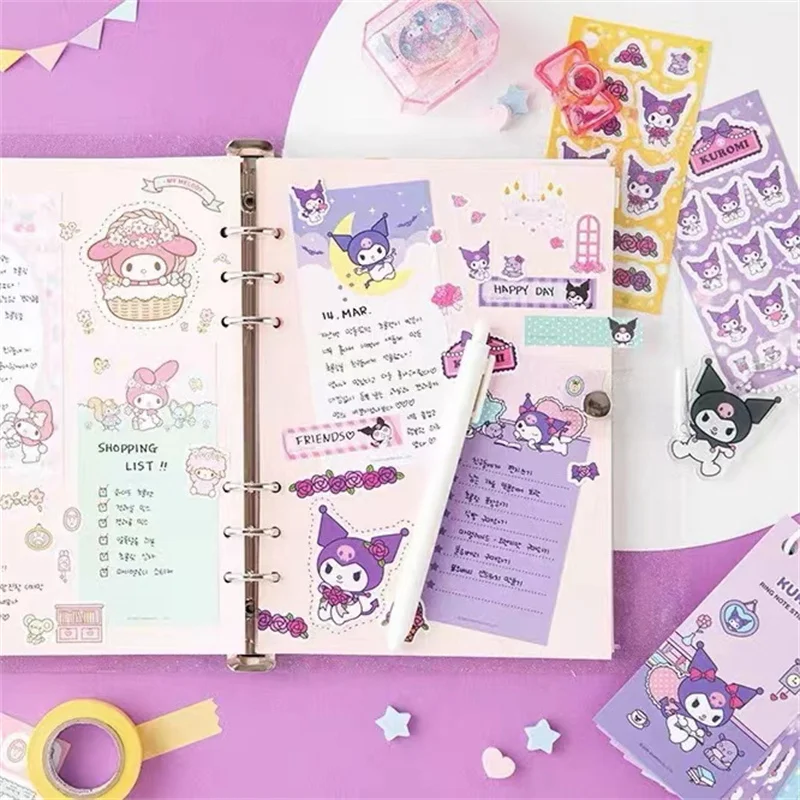 Sanrio Memo Book Stickers Hello Kitty Kuromi Cartoon Hand Account Diy Goo Card Combination Ring Buckle Sticker Kids Toys