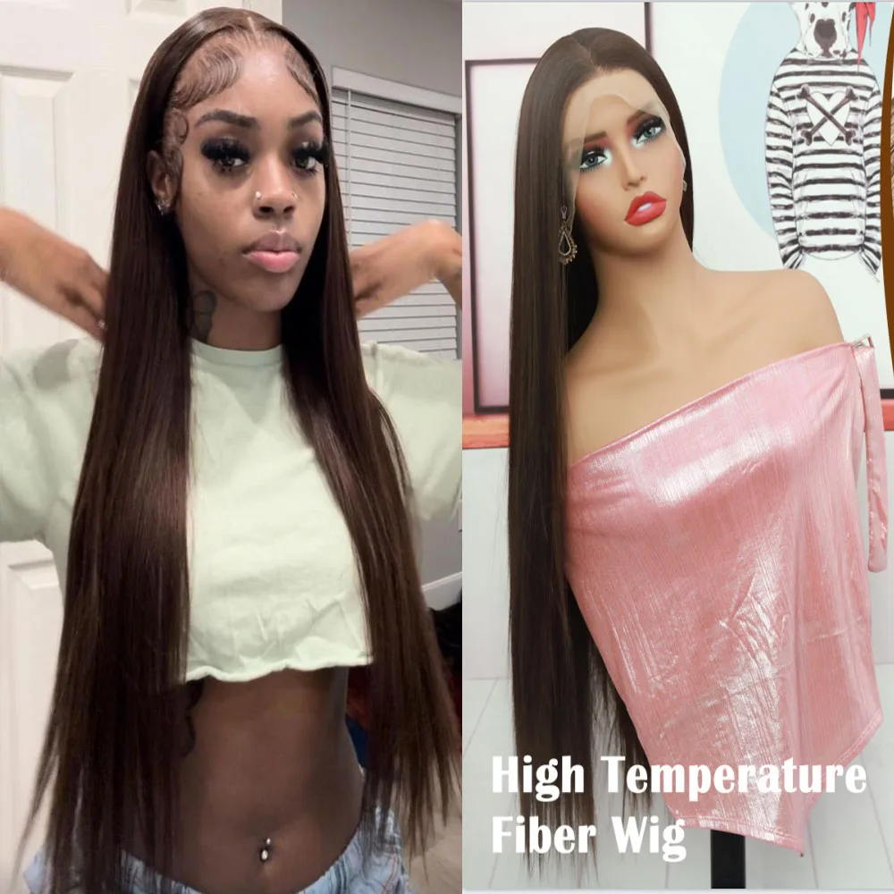 13x4 24 Inch Dark Brown Synthetic Lace Front Wig Glueless Heat Resistant Long Straight Deep Parting Suitable For Everyday Wear