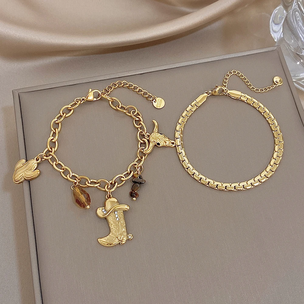Freetry Ethnic Style Waterproof Golden Stainless Steel Bracelets for Women Men Classic Cactus Cow Head Cowboy Hat Charm Bracelet