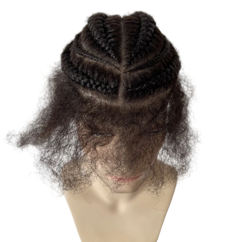 

Full PU Toupee Mongolian Virgin Human Hair Hairpieces 1b# Afro Cornrow Braids Unit for Black Men