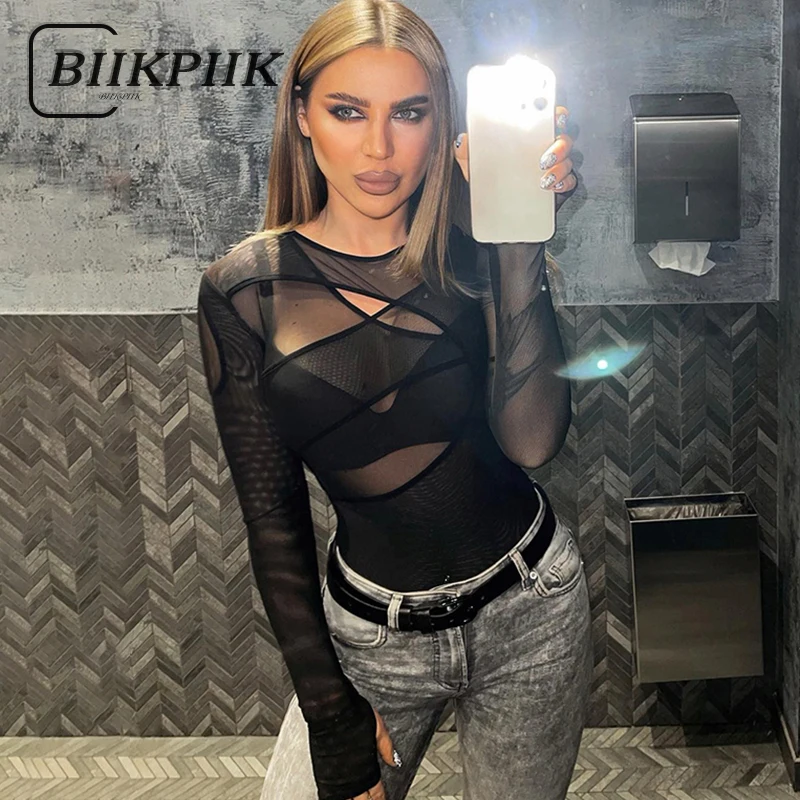 

BIIKPIIK Sexy Mesh Women Bodysuits Clubwear Skinny Long Sleeve Rompers Fashion Designed Body-shape One Piece Outfits Hot Clothes